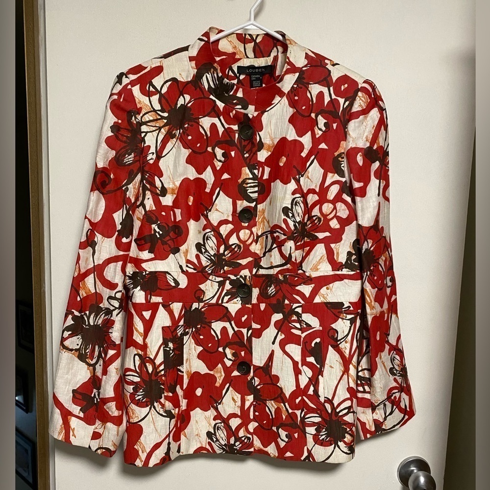 Louben Linen Jacket with Abstract Floral Pattern, size 8